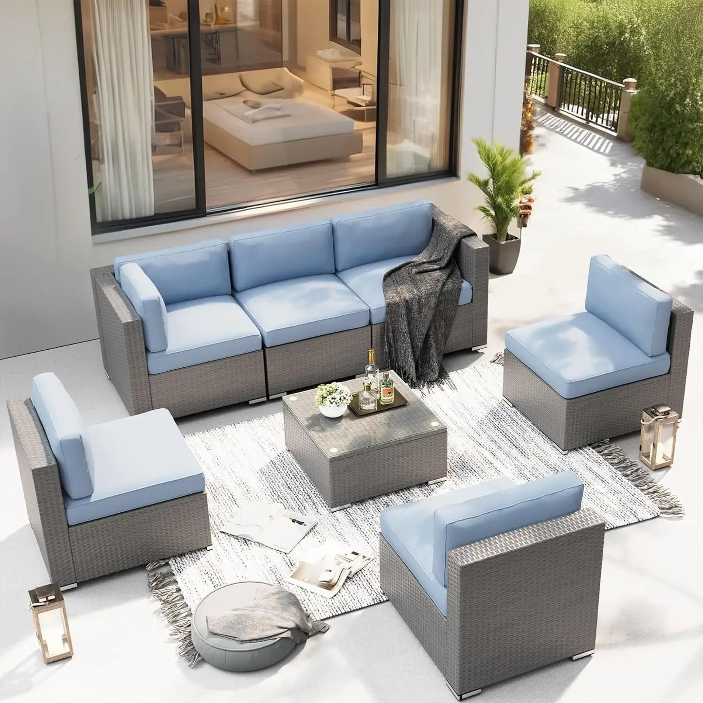 Outdoor Patio Furniture Set 7 Piece Outdoor Sectional Sofa Grey Wicker Conversation Sofa Set with Coffee Table and, Customized