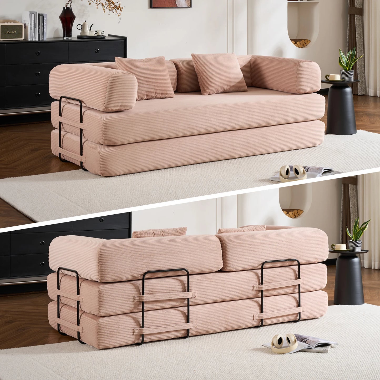 79" Folding Convertible Sofa Bed, Oversized Corduroy Futon Floor Couch, Boneless Loveseat for Small Spaces, Living Room, Bedroom