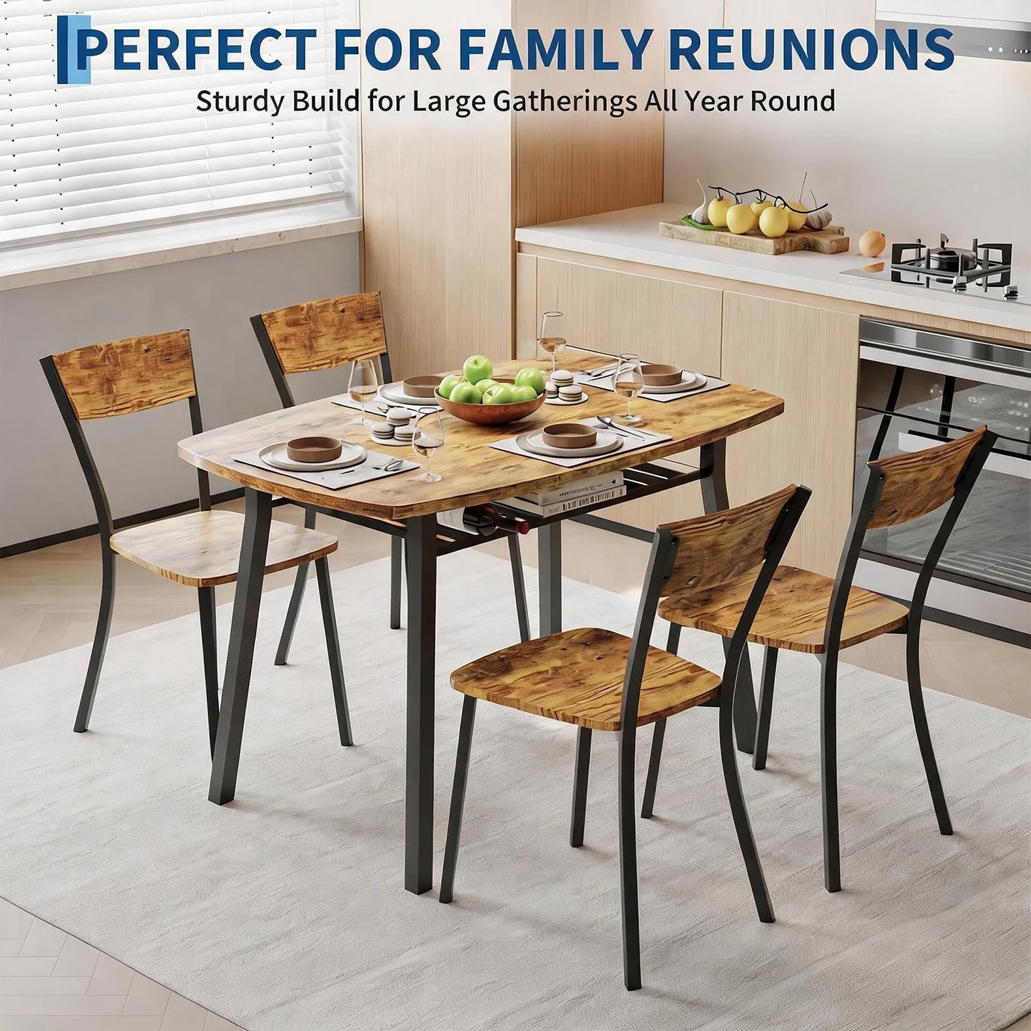 5 Piece Dining Table Set For 4, 43 Inch Kitchen Table And 4 Chairs With Storage Shelf, Space Saving Dining Set For Apartment