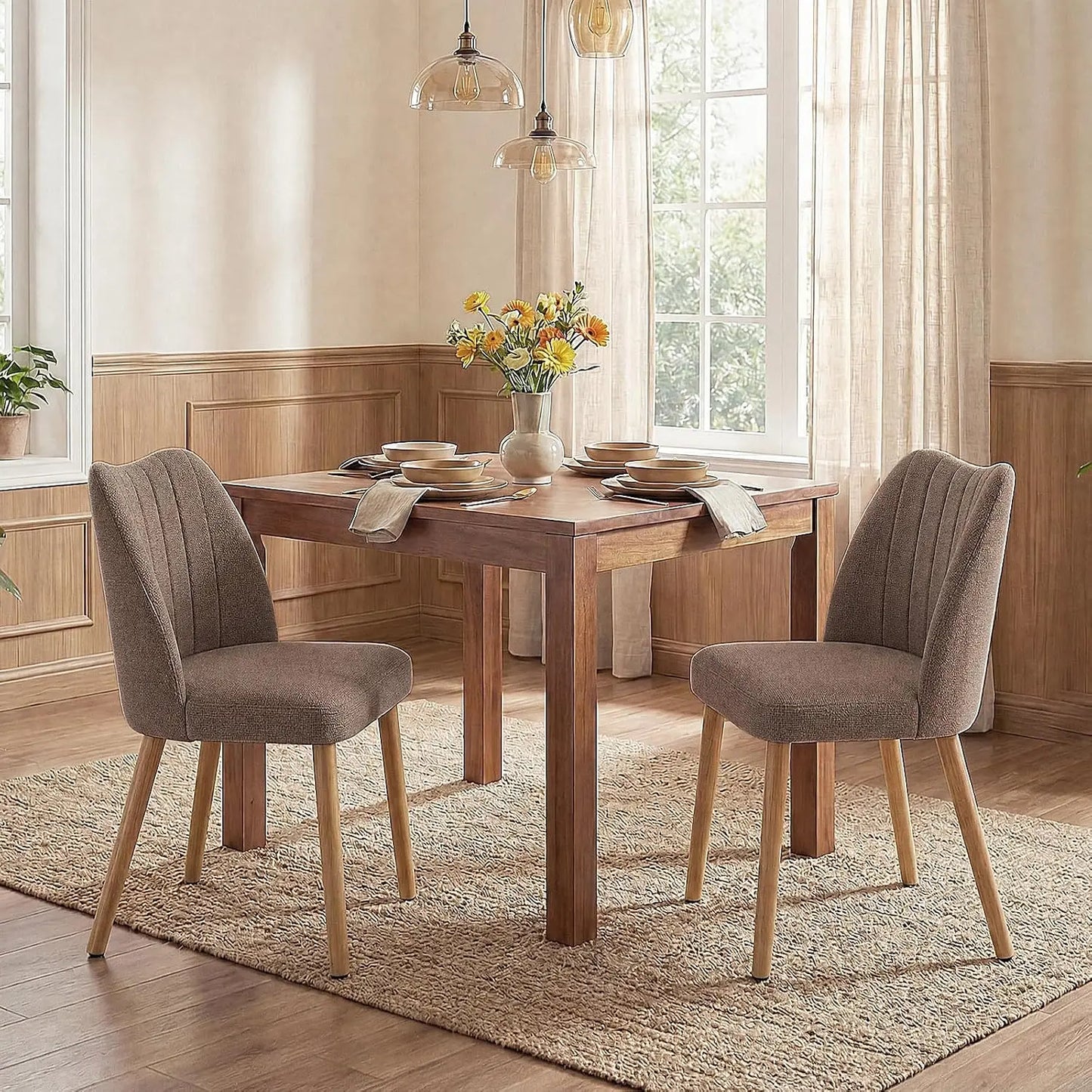Set Of 2 Mid Century Modern Upholstered Dining Chairs, Fabric Kitchen Chairs With Curved Back And Wood Legs For Dining Room Living Room