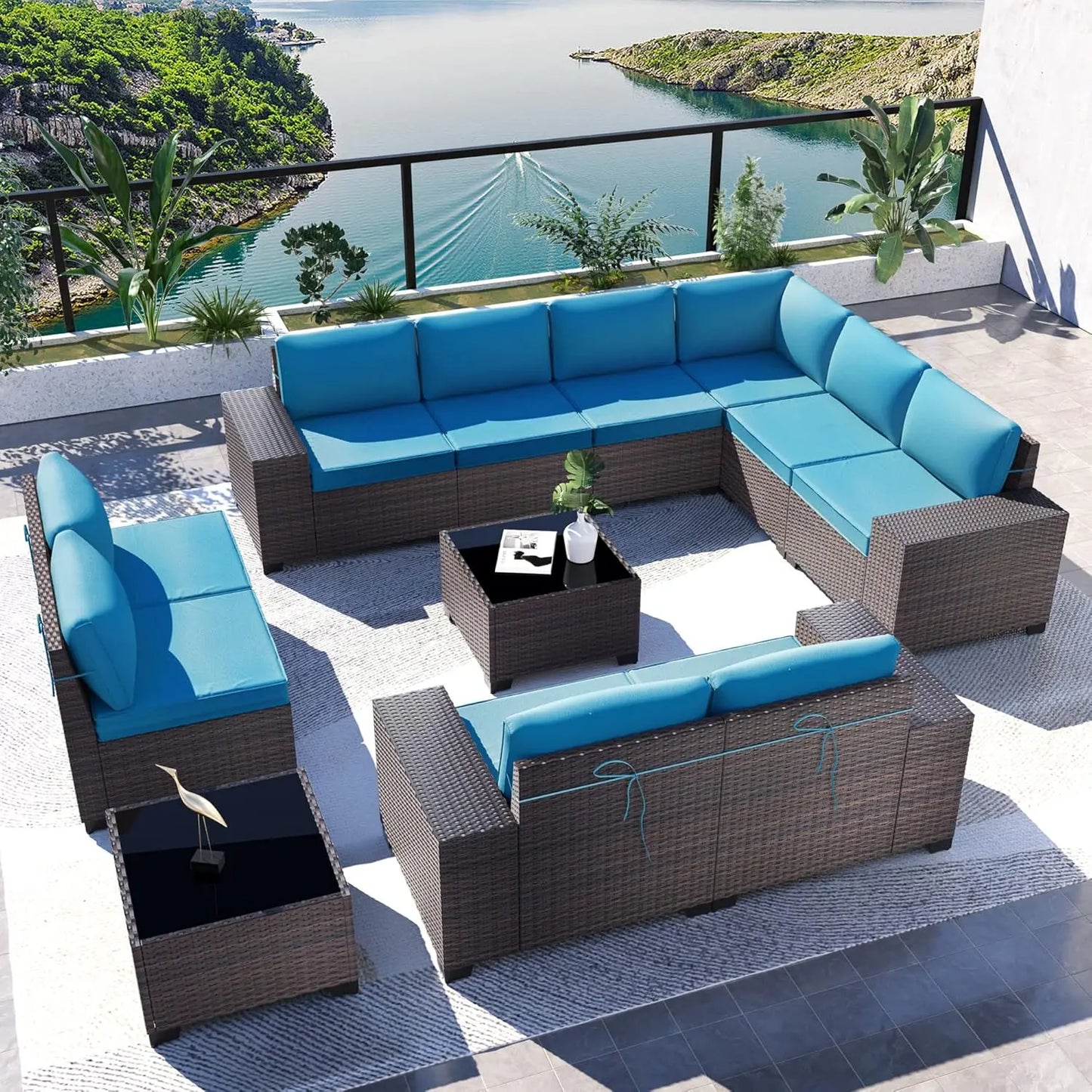 Outdoor Patio Furniture Set,12 Pieces Sectional Rattan Sofa Set Brown PE Rattan Wicker Patio Conversation Set with 10, Custom