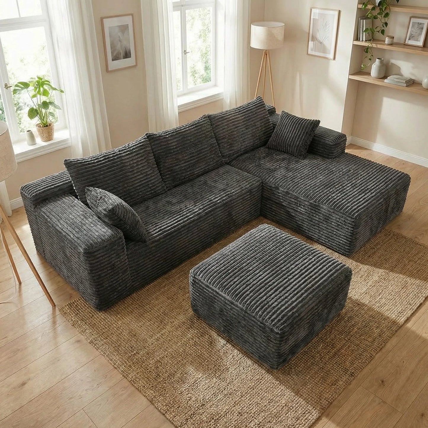 Light Luxury Minimalist Wide Vertical Striped Corduroy Modular L-Shaped Corner Sectional Sofa with Ottoman Footstool, Freely Combinable Cloud Chaise Lounge Lazy Cube Sofa, Oversized Deep Seat No Assembly Fabric Couch with Thr