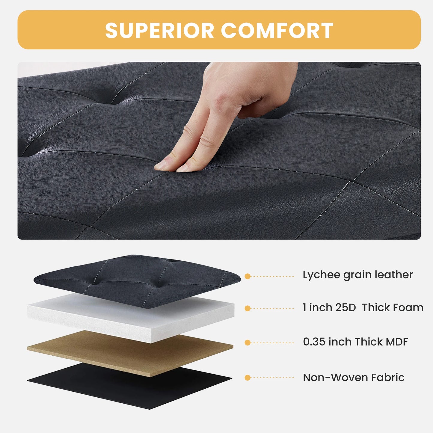 JHK 43 Inches Leather Folding Ottoman Storage Footstool Toy Box Bedroom Bench Load 660 lbs Foot Rest Stool For Living Room