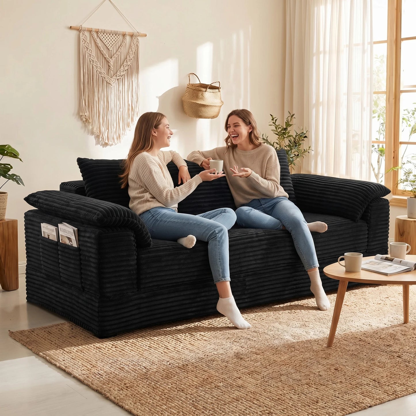 Oversized Black Striped Corduroy 3-Seater Sofa with Middle Cup Holder, Flipable Design, Customizable DIY Modular Couch, Soft Fluffy Plush Fabric Sofa, Wide Armrest Minimalist Leisure Furniture for Apartment, Bedroom & Living