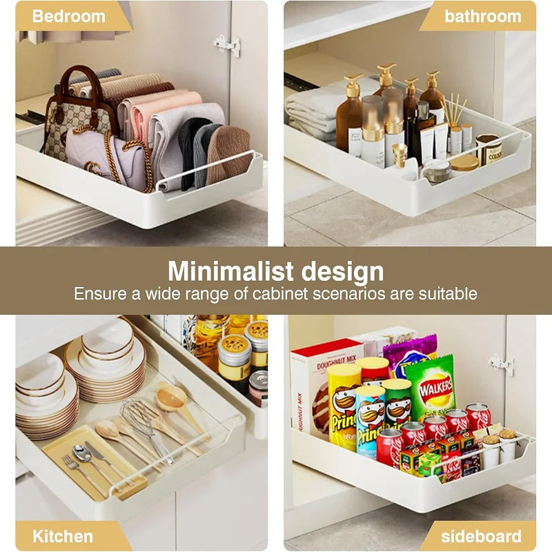 CL Metal Cabinet Storage Rack Self-Adhesive Nano-Film No-Drill Heavy-Duty Sliding Drawer Basket for Kitchen Bathroom Bedroom