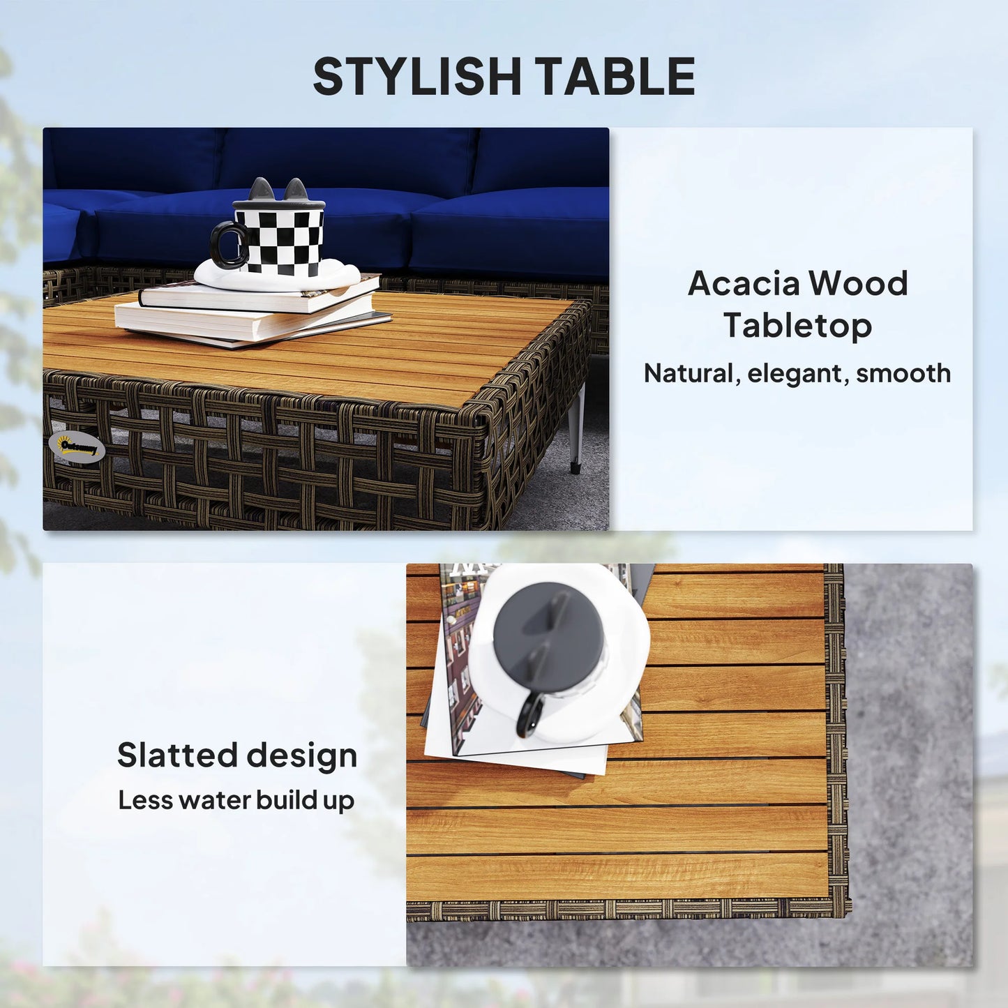 7 Piece Wicker Patio Furniture Set, Modular Outdoor Sectional Conversation Set with Thickened Cushions, Acacia Wood Table, Brown/Dark Blue