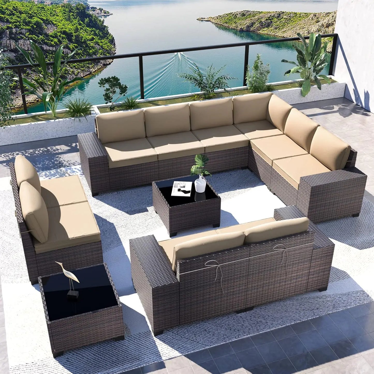 Outdoor Patio Furniture Set,12 Pieces Sectional Rattan Sofa Set Brown PE Rattan Wicker Patio Conversation Set with 10, Custom