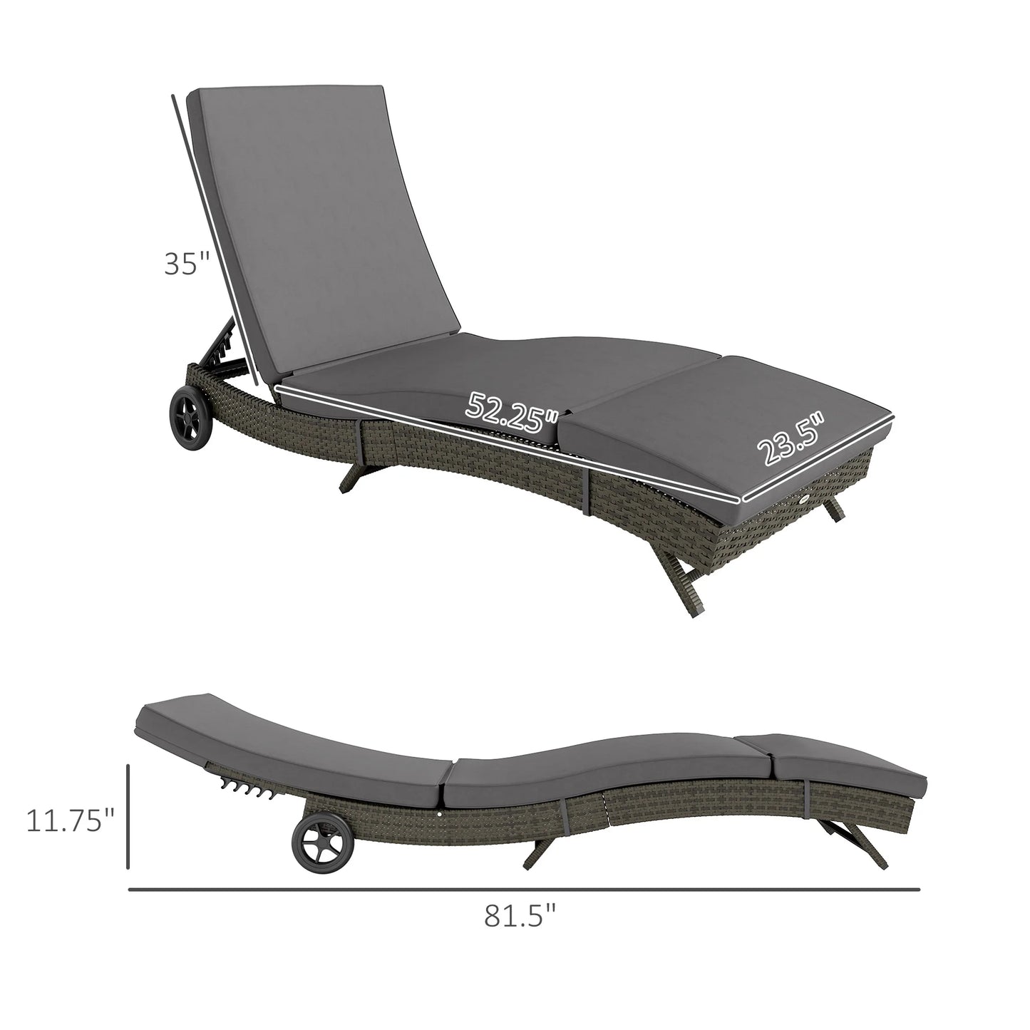 Outdoor Reclining Lounge Chair, PE Wicker, Rolling Wheels, Patio, Grey