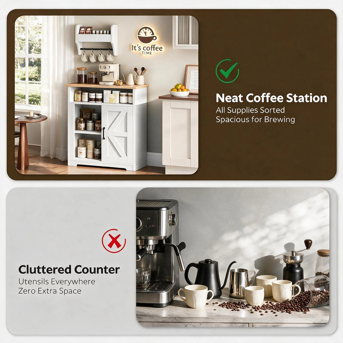 HiMISS Farmhouse Coffee Bar Cabinet With Mug Shelf And Hooks