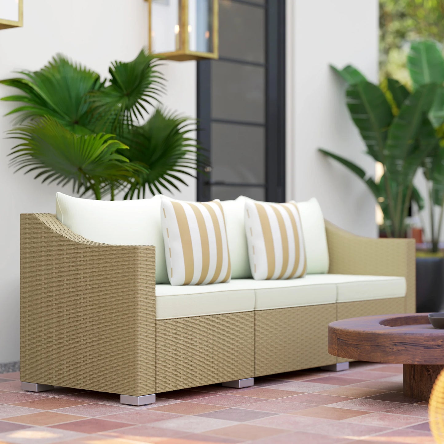 3 Seater Patio Wicker Sofa, Outdoor Furniture Rattan Couch with Cushions, Throw Pillows, for Garden, Backyard, Porch, Cream White