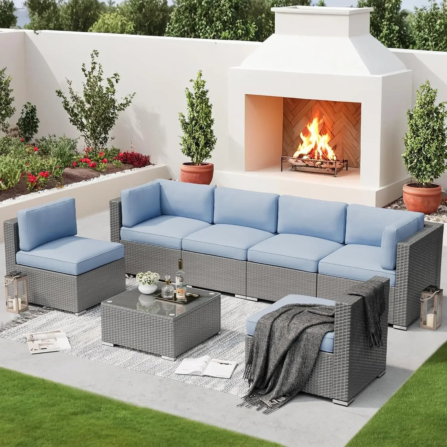 Outdoor Patio Furniture Set 7 Piece Outdoor Sectional Sofa Grey Wicker Conversation Sofa Set with Coffee Table and, Customized