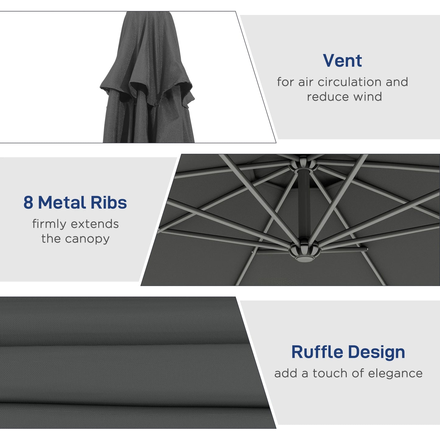 10' Cantilever Hanging Tilt Offset Patio Umbrella with Uv & Water Resistant Material and Cross Base (Weight Not Included), Gray