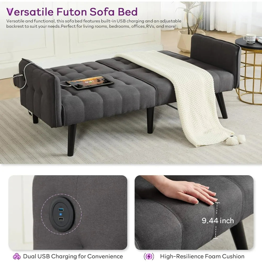 TYBOATLE Modern Tufted Adjustable Futon Sofa Bed With USB Ports