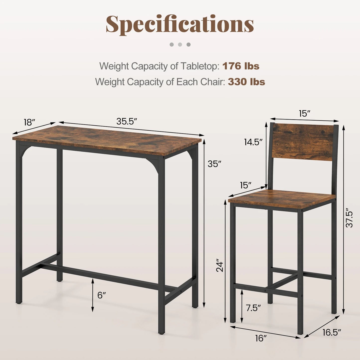 3 Piece Bar Table & Chair Set Kitchen Table w/ 2 Bar Stools for Small Space