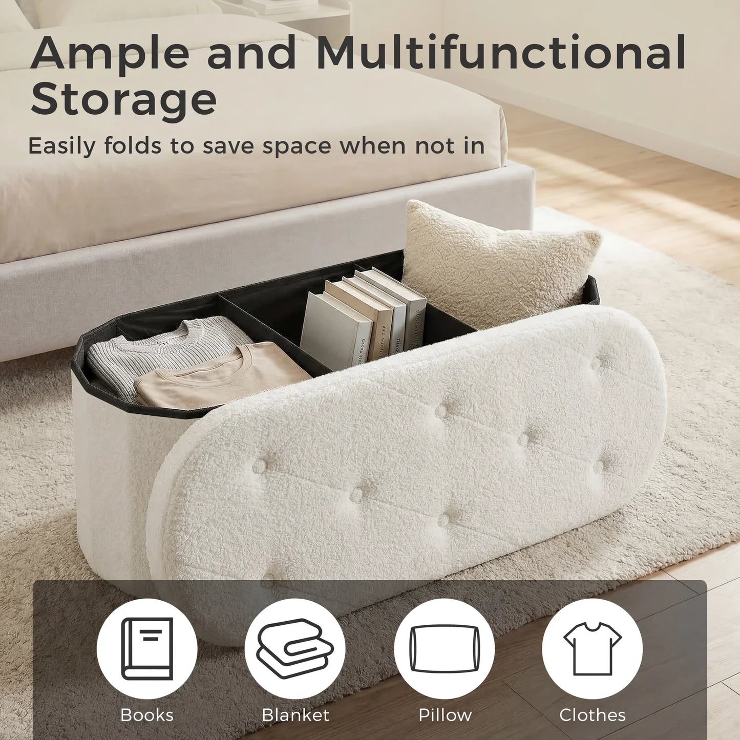 JHK 30/43IN Folding Storage Ottoman Bench with Storage Teddy Fabric Storage Chest for Bedroom End of Bed Foot Rest Bench Stool with Cushion for Home Entryway