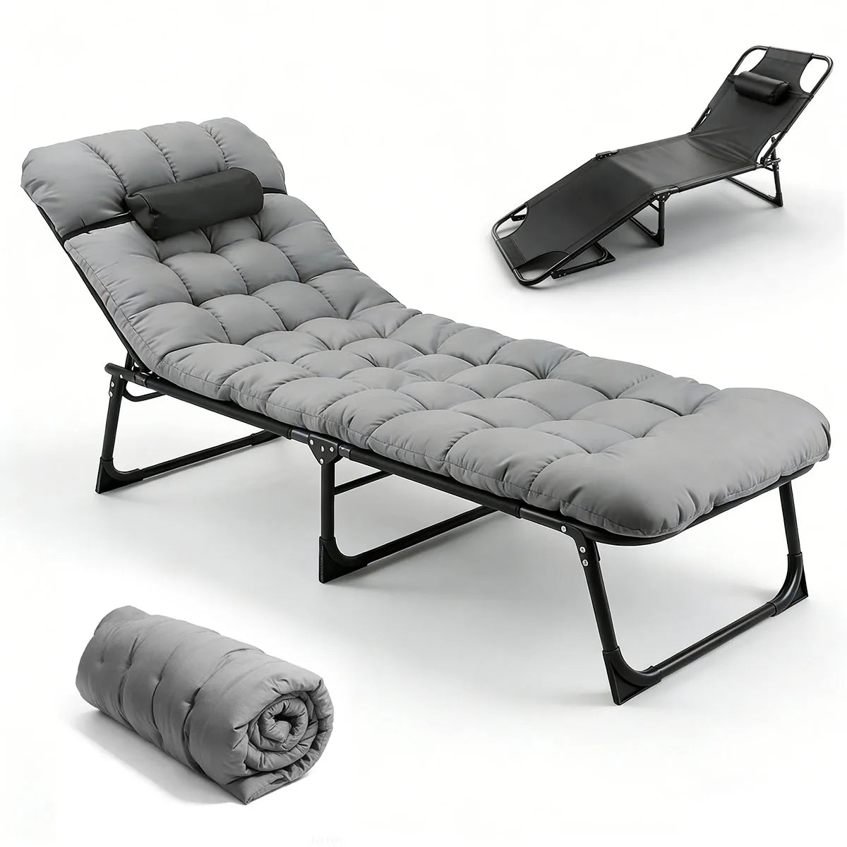 56cm Adjustable Folding Camping Lounge Chair with Removable Soft Cushion, 3 Position Reclining Portable Beach Tanning Chair, Heavy Duty 330 LBS Fold Up Outdoor Chaise Lounge for Pool Patio Office Napping Indoor & Backyard
