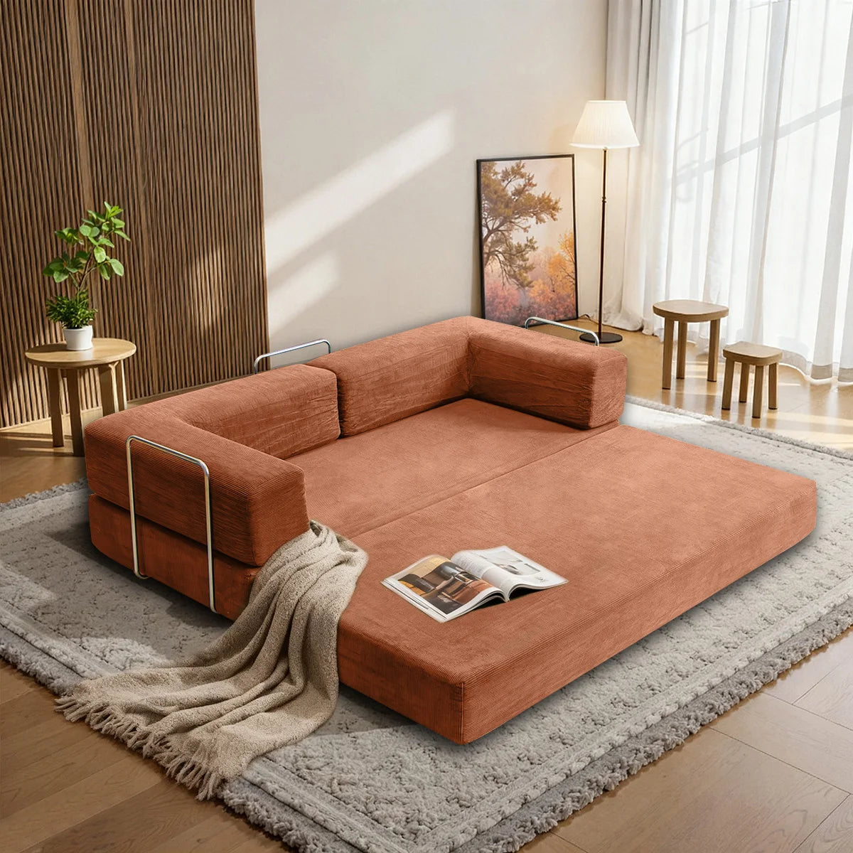 78.8" Convertible Floor Sofa Bed, 2-in-1 Foldable Sleeper Couch with Throw Pillows, Multifunctional Living Room Furniture