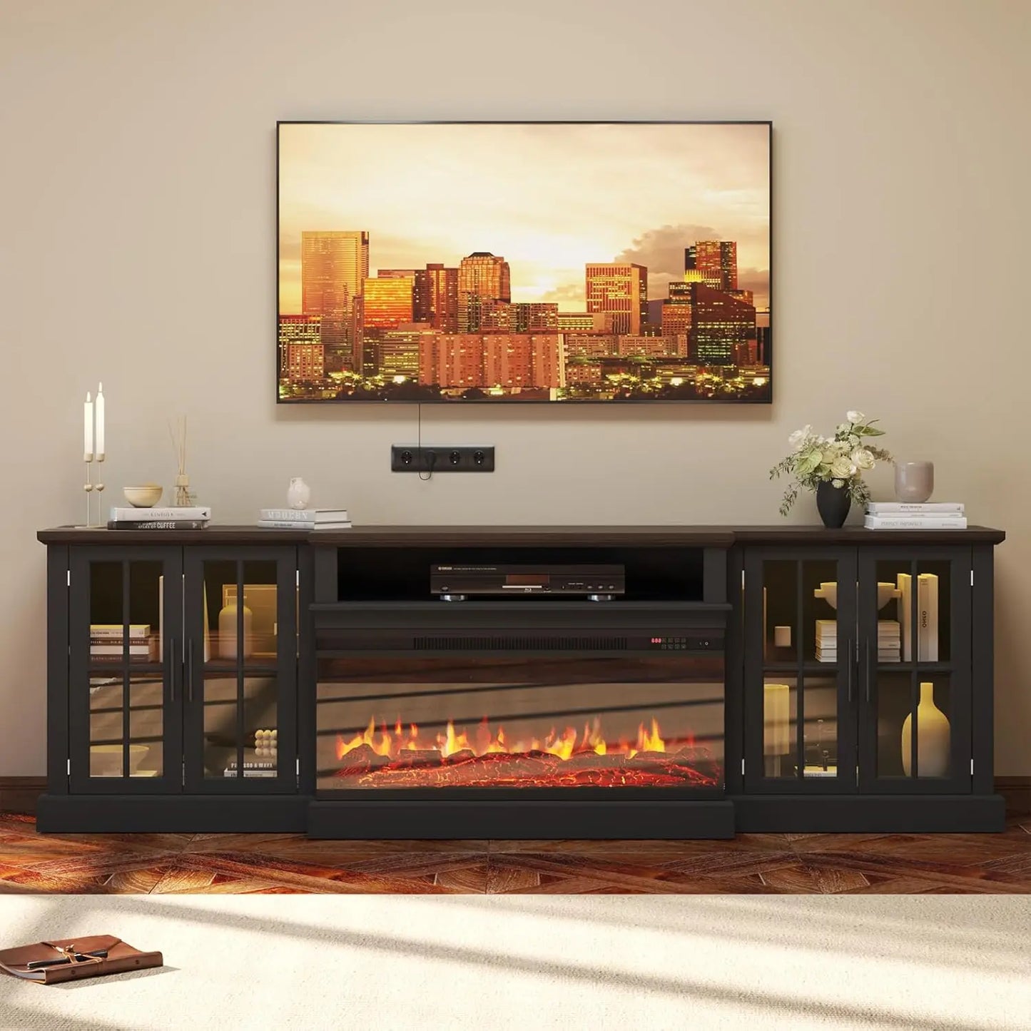Black 87" Farmhouse TV Stand with 36" Fireplace for Living Room,Media Entertainment Center with Adjustable Shelves, Customized