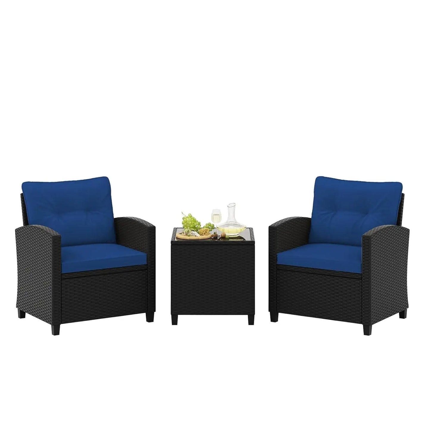 3 Pieces Patio Furniture Set, PE Rattan Wicker 3 Pcs Outdoor Sofa Set w/Washable Cushion and Tempered Glass, Customized