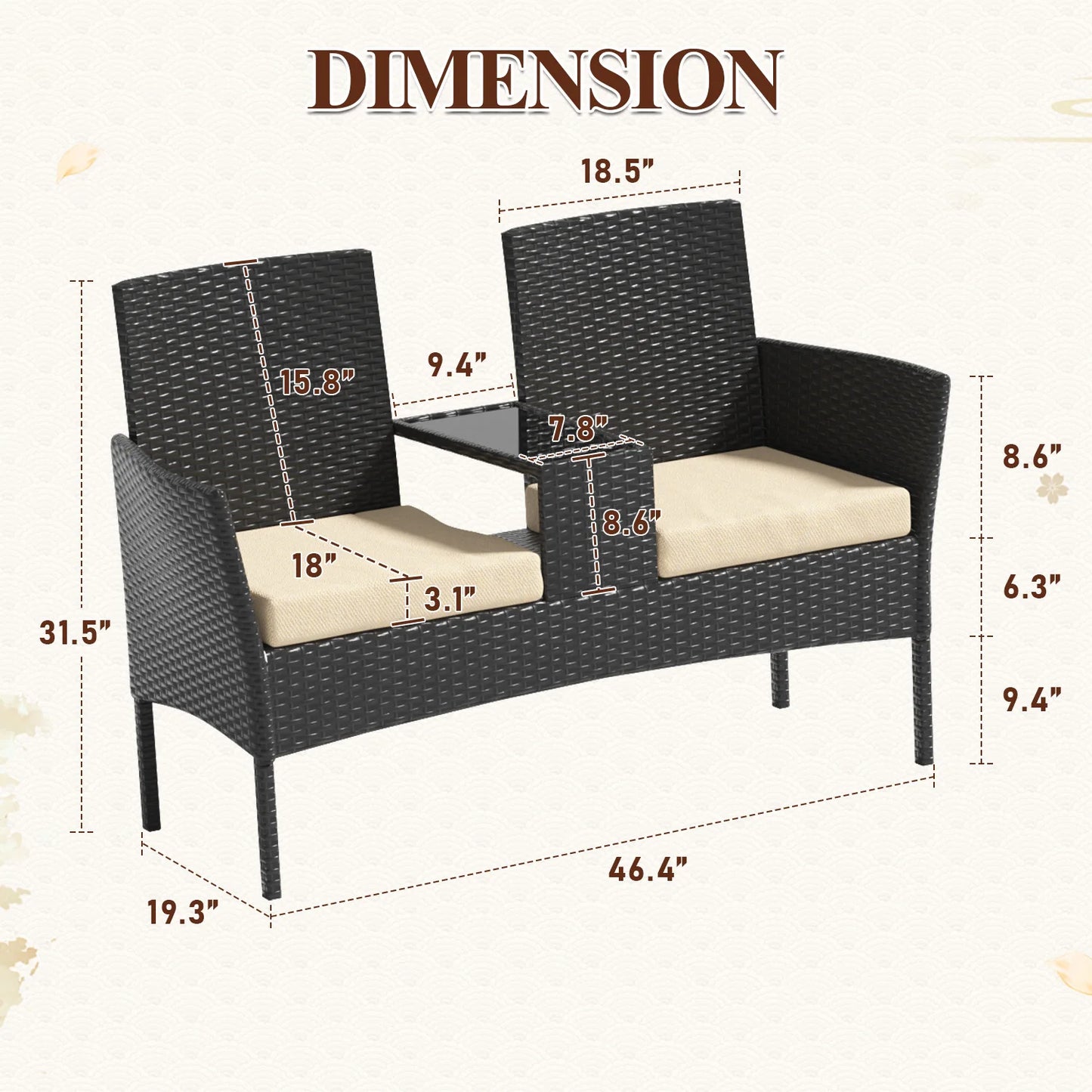 1 Piece Wicker Double Seat Patio Loveseat with Built-in Middle Tea Table, Cushioned Weatherproof Patio Furniture, Comfort Leisure Outdoor Furniture, Sturdy Outdoor Patio Furniture Set for Balcony Porch Garden