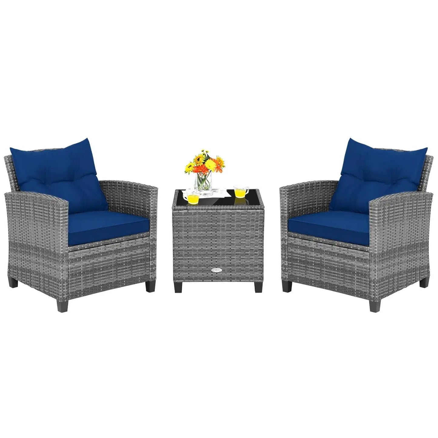 3 Pieces Patio Furniture Set, PE Rattan Wicker 3 Pcs Outdoor Sofa Set w/Washable Cushion and Tempered Glass, Customized
