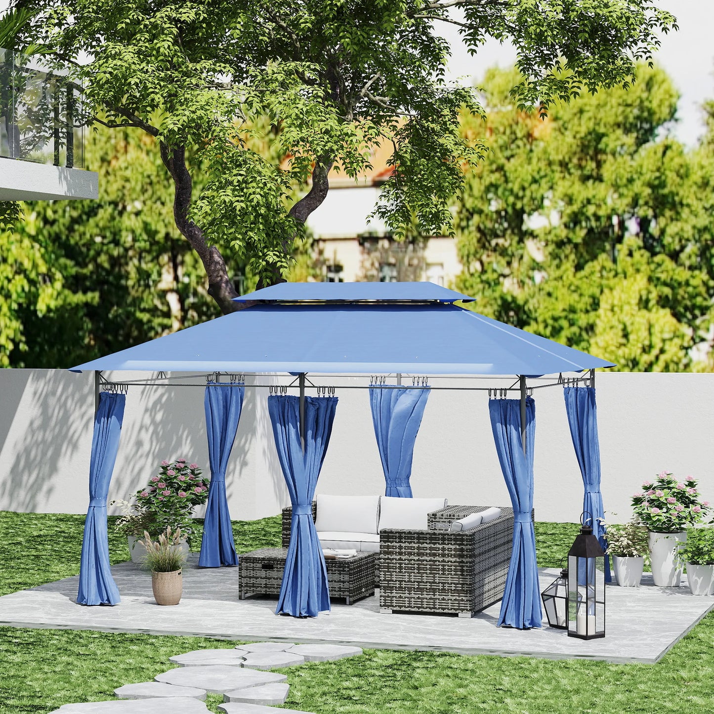 10 x 13 ft Double Roof Patio Gazebo with Curtains, Blue