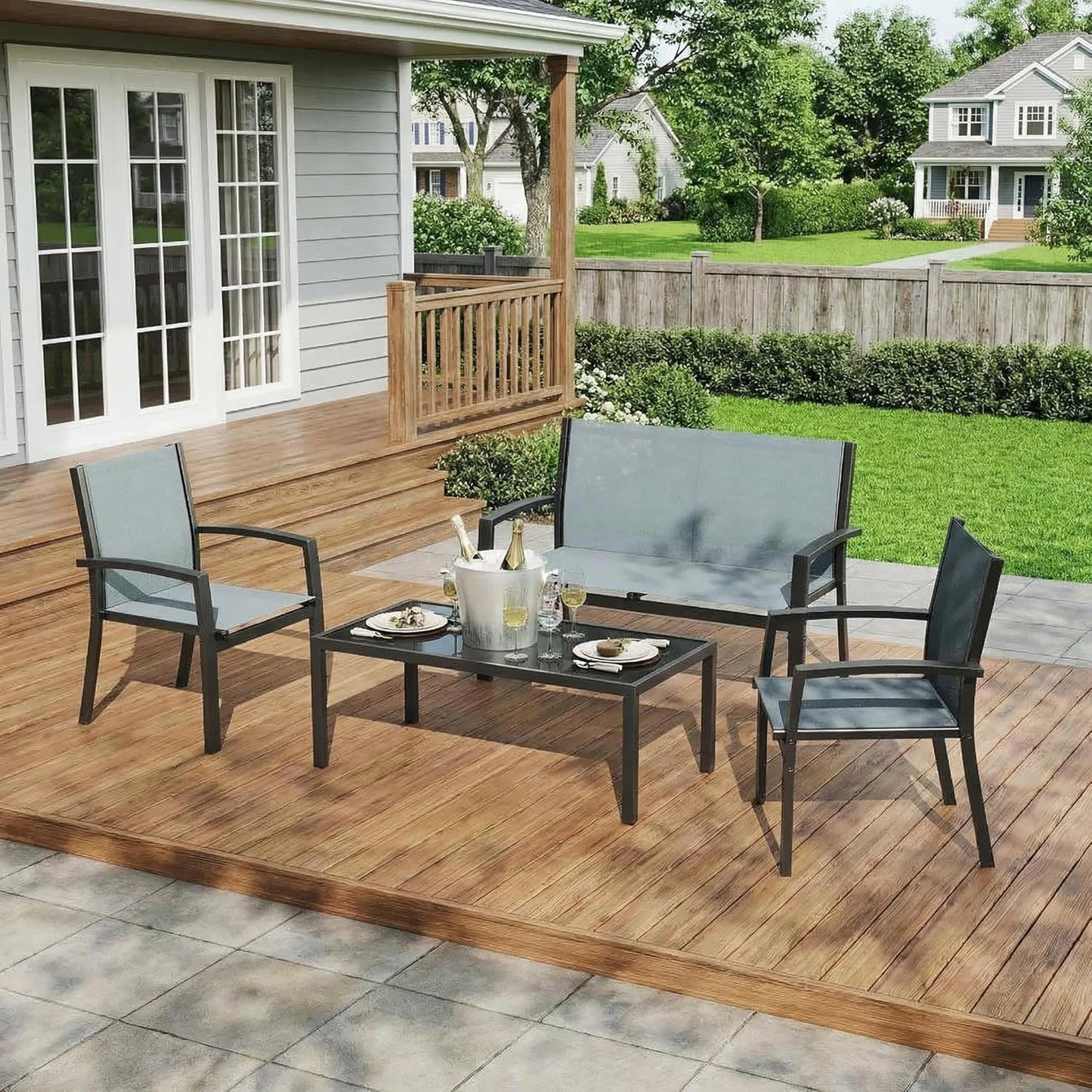 Modern 4 Piece Metal Patio Furniture Set Breathable Mesh Outdoor Loveseat & Chairs With Table For Deck Apartment Porch Backyard
