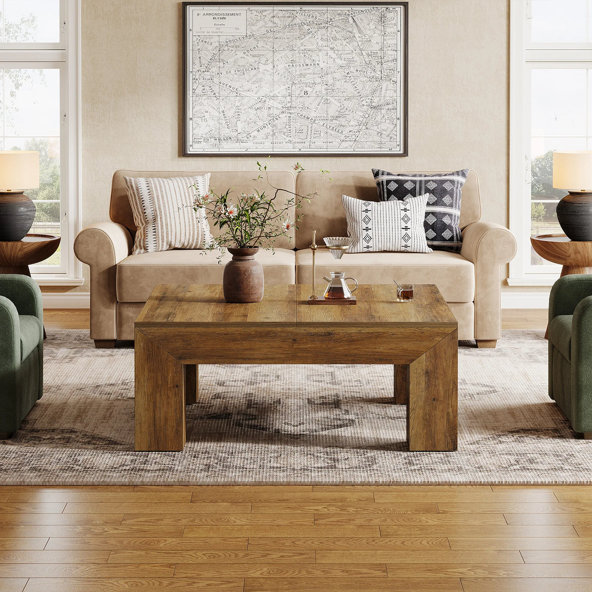 Tribesigns Farmhouse Square Coffee Table with Sturdy Wooden Legs
