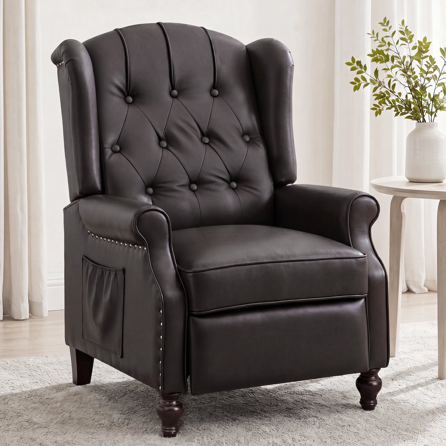 TCGBKAF Mid Century Wingback Pushback Recliner Armchair Massage & Heated Recliner Chair with Button-Tufted Back, Rivet Decoration and Solid Wood Legs for Living Room, Bedroom & Office
