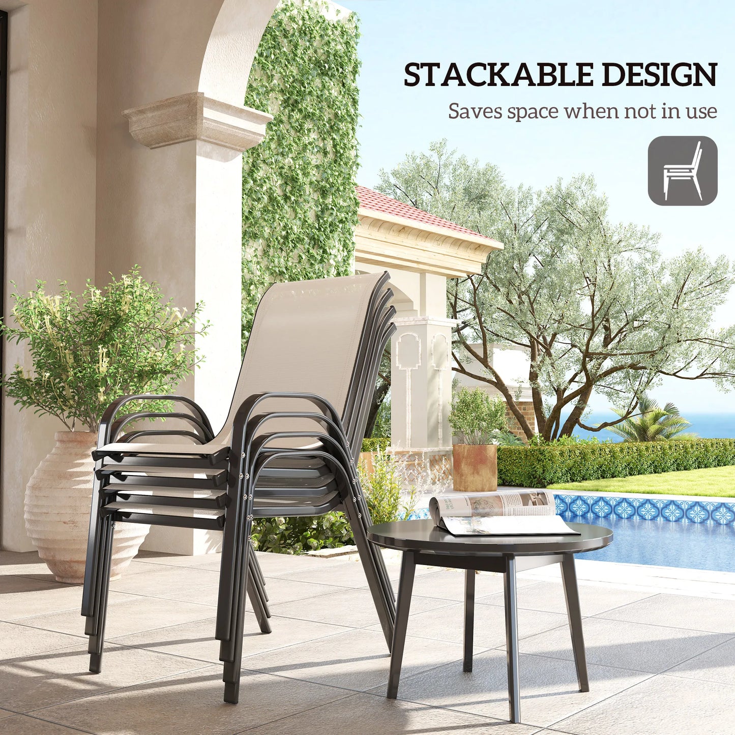 Set of 4 Patio Dining Chairs, Stackable Outdoor Chairs, Beige
