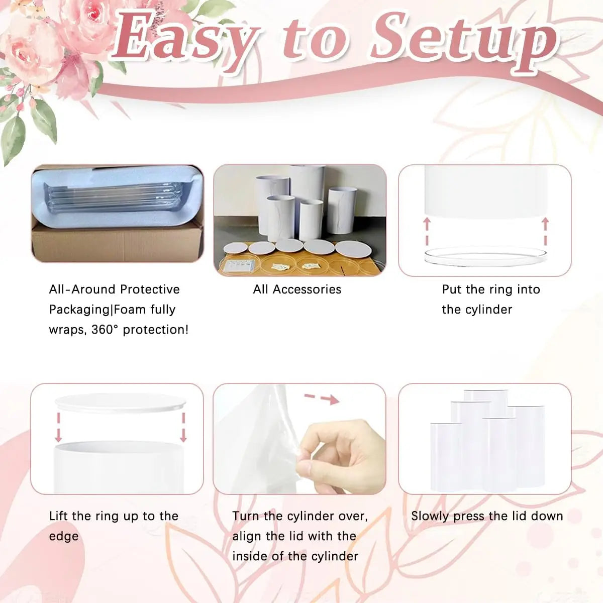 5 Pcs White PVC Cylinder Pedestal Stands Set for Party Round Cake Display Stands Wedding Centerpiece Columns Dessert Table Birthday Baby Shower Flower Decor