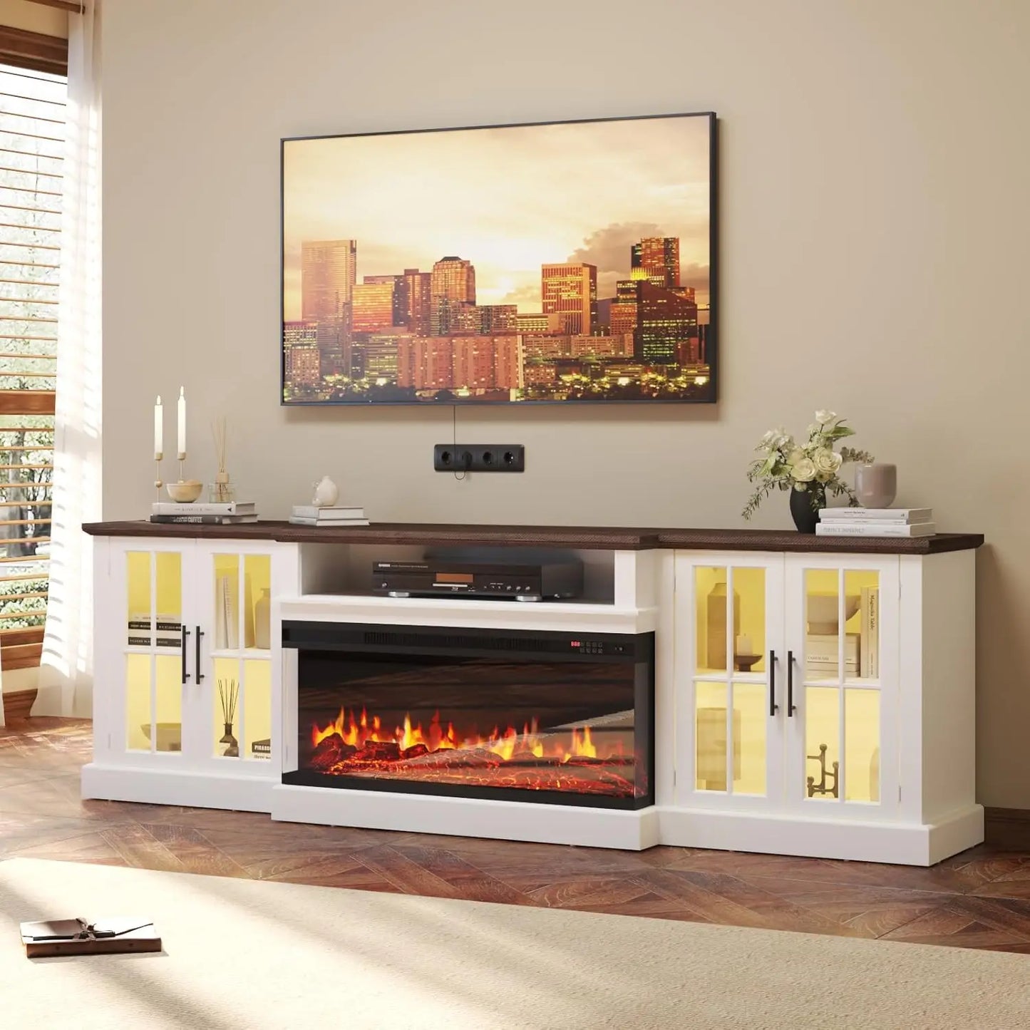 Black 87" Farmhouse TV Stand with 36" Fireplace for Living Room,Media Entertainment Center with Adjustable Shelves, Customized