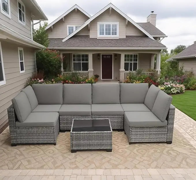 7 Pieces Outdoor Patio Furniture Sets, All-Weather Sectional Sofa Dark Brown PE Rattan Wicker Conversation, Customized