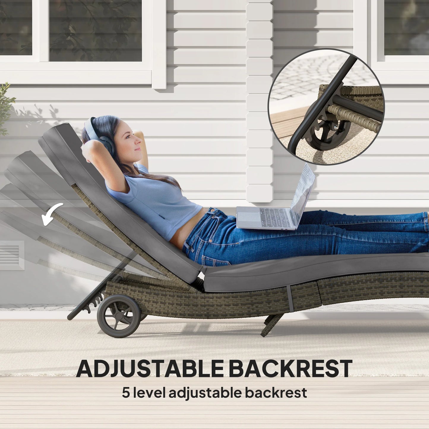 Outdoor Reclining Lounge Chair, PE Wicker, Rolling Wheels, Patio, Grey