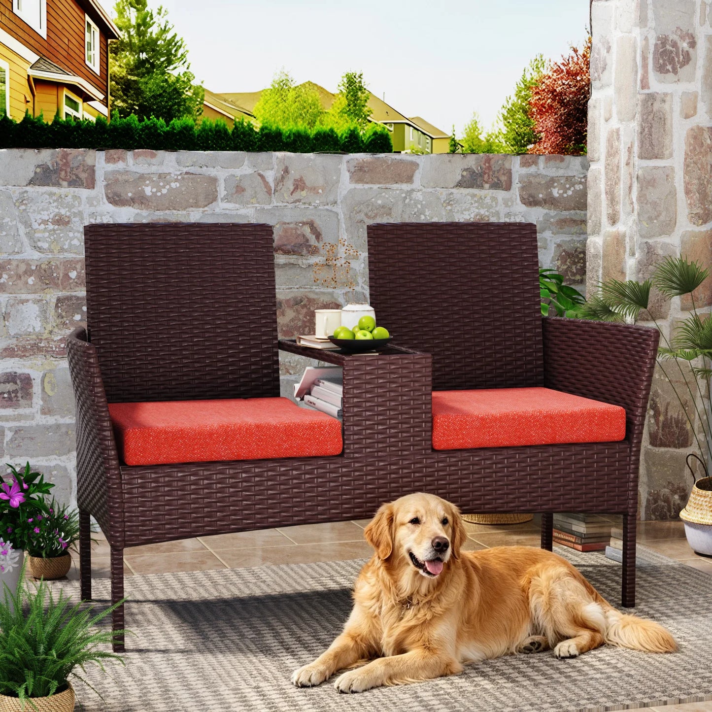 1 Piece Wicker Double Seat Patio Loveseat with Built-in Middle Tea Table, Cushioned Weatherproof Patio Furniture, Comfort Leisure Outdoor Furniture, Sturdy Outdoor Patio Furniture Set for Balcony Porch Garden