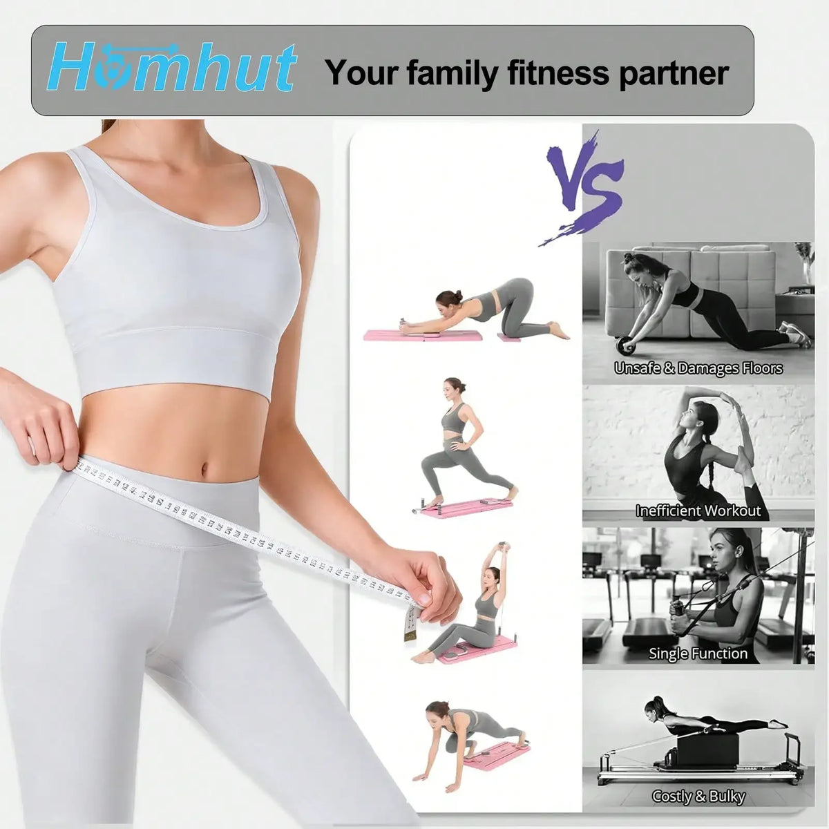 Foldable Pilates Sliding Board Reformer With Resistance Bands
