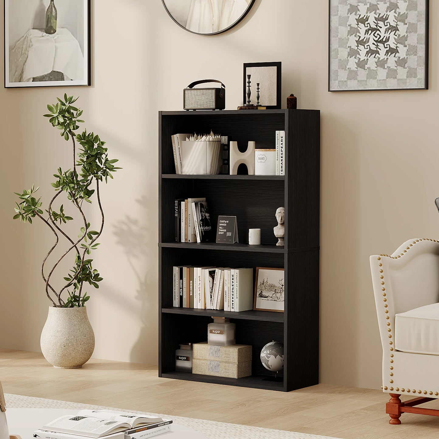JHK 4 Tier Wooden Shelf Bookcase Tall Floor Standing Open Bookshelf Living Room
