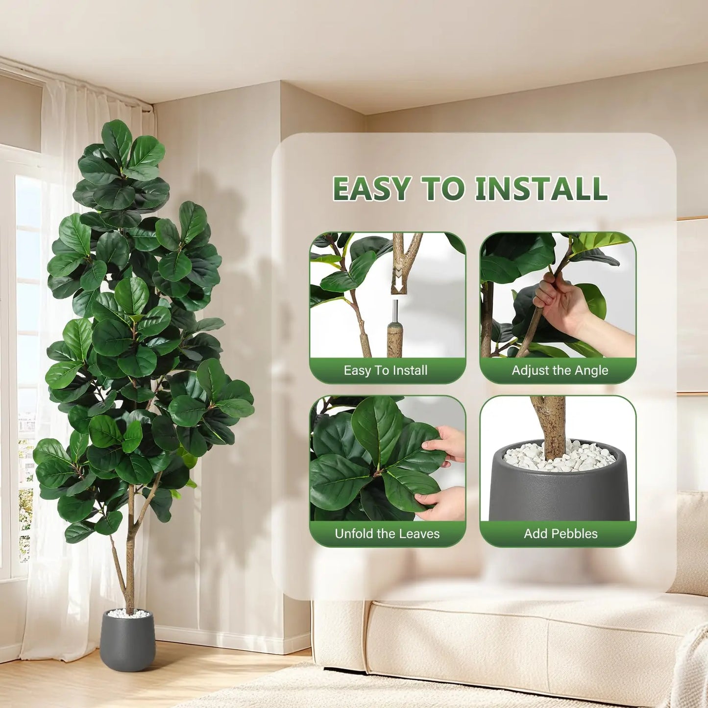 Lifelike Artificial Fiddle Leaf Fig Tree – Realistic Faux Ficus Lyrata with 141 Leaves – Indoor Decorative Plant for Home, Office, Living Room – Easy Care, Housewarming Gift