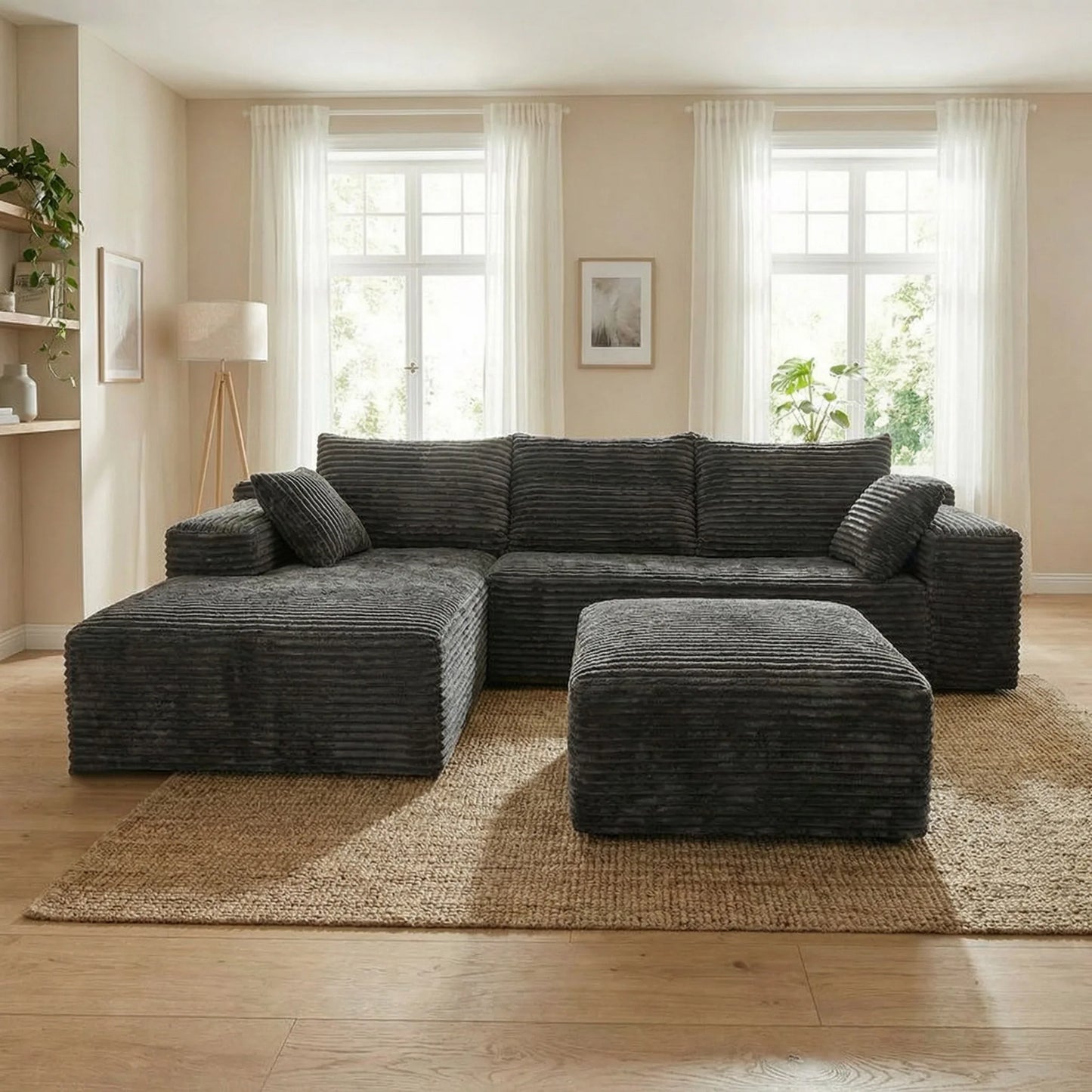 Light Luxury Minimalist Wide Vertical Striped Corduroy Modular L-Shaped Corner Sectional Sofa with Ottoman Footstool, Freely Combinable Cloud Chaise Lounge Lazy Cube Sofa, Oversized Deep Seat No Assembly Fabric Couch with Thr