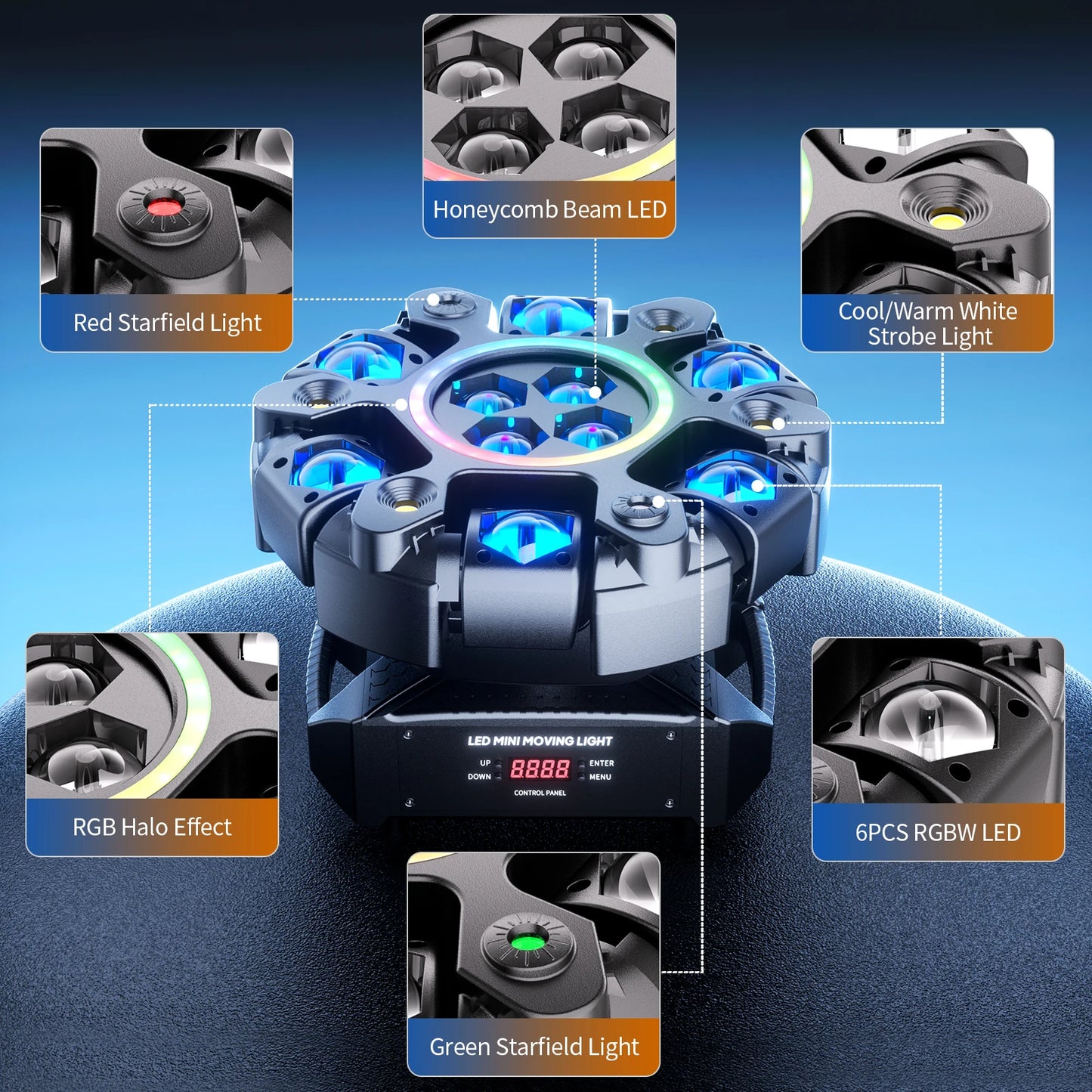 U'King 150W 6-Arm RGBW Moving Head Light DMX Strobe Stage Light Ring Effect