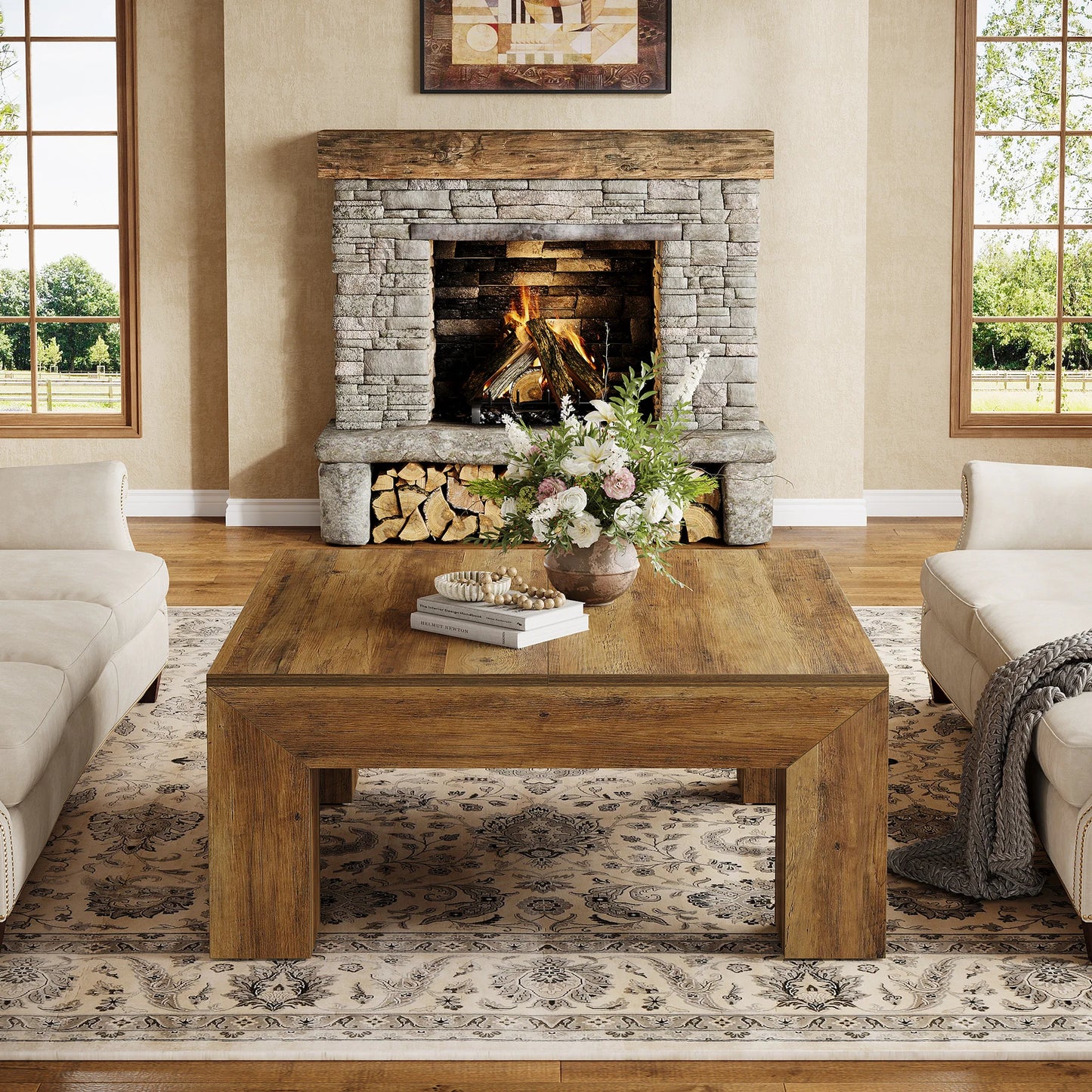 Tribesigns Square Coffee Table Farmhouse Wood Centerpiece