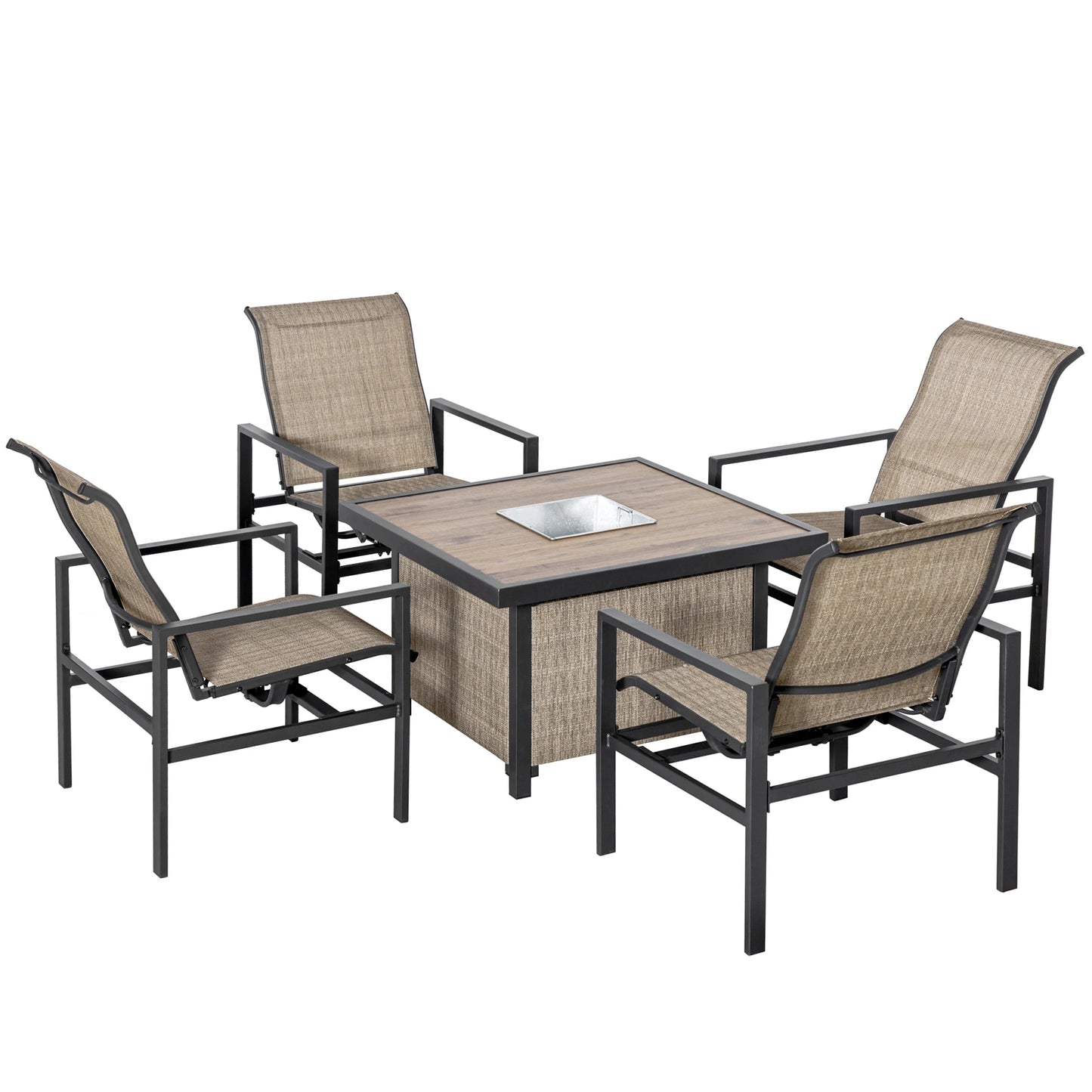 5 Piece Garden Patio Dining Set, Steel, Outdoor Conversation Set, Dinner Table with Built-In Ice Bucket Insert, 4 Rocking Chairs, Beige