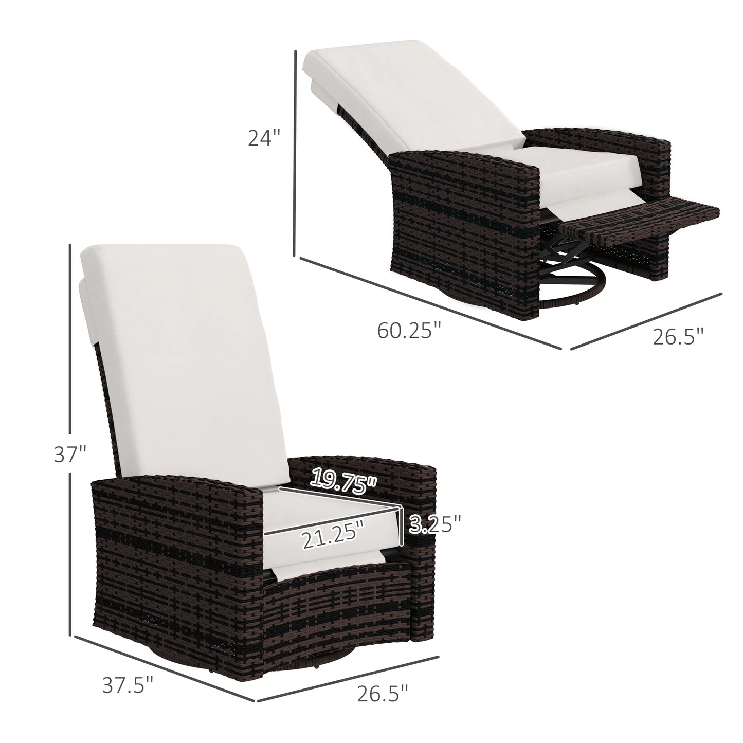 Reclining Rattan 360° Swivel Chair, Outdoor Patio Cushioned Recliner Khaki