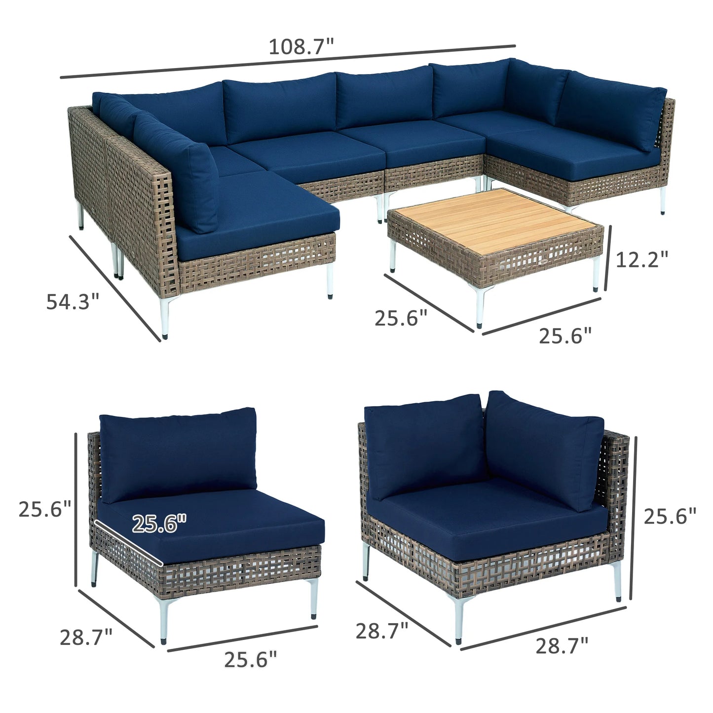 7 Piece Wicker Patio Furniture Set, Modular Outdoor Sectional Conversation Set with Thickened Cushions, Acacia Wood Table, Brown/Dark Blue