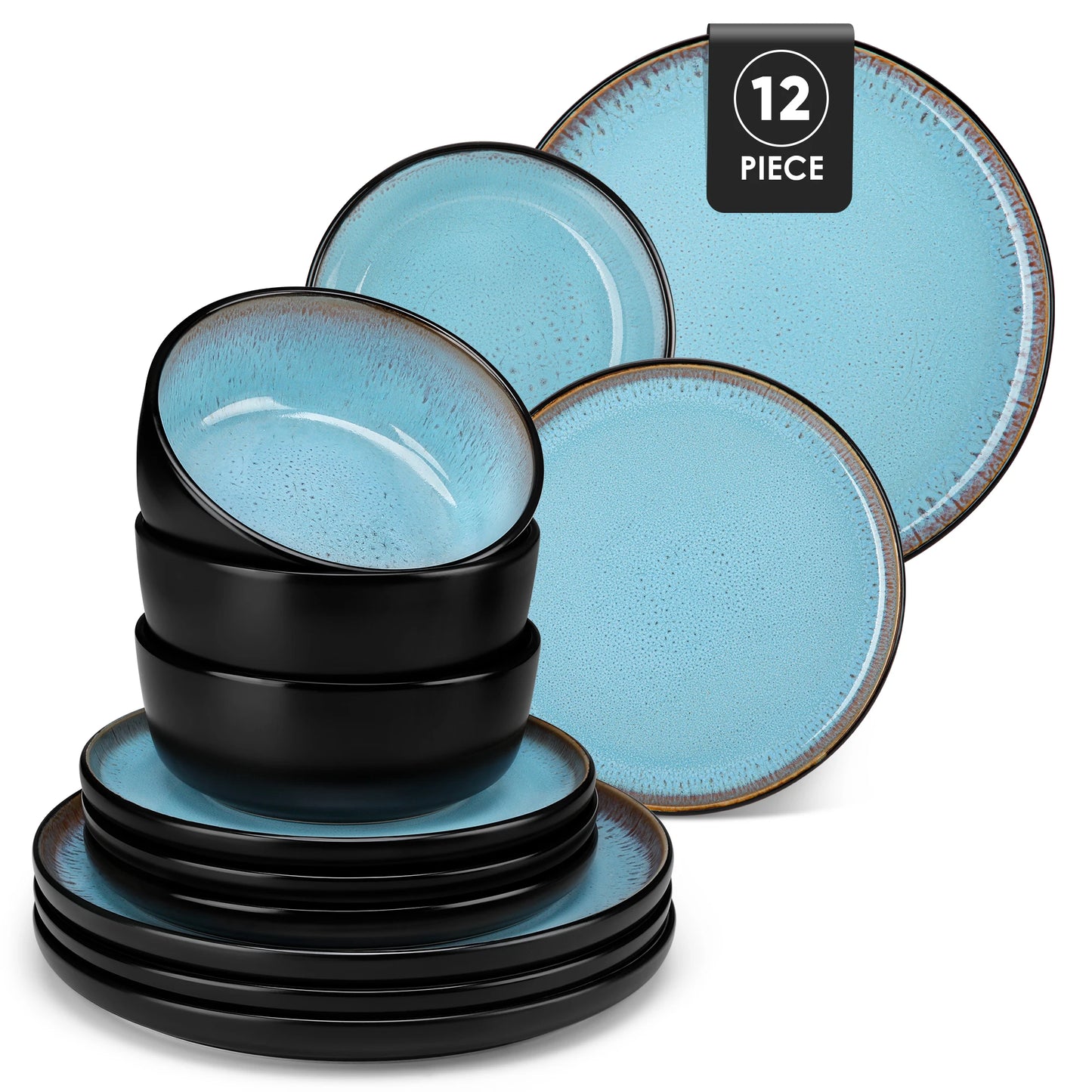 Vancasso AMBER 12/16 Piece Ceramic Dinnerware Set Matte Black Stoneware Plates Set with 4/6 Pcs Dinner Plate/Dessert/Bowl/Soup
