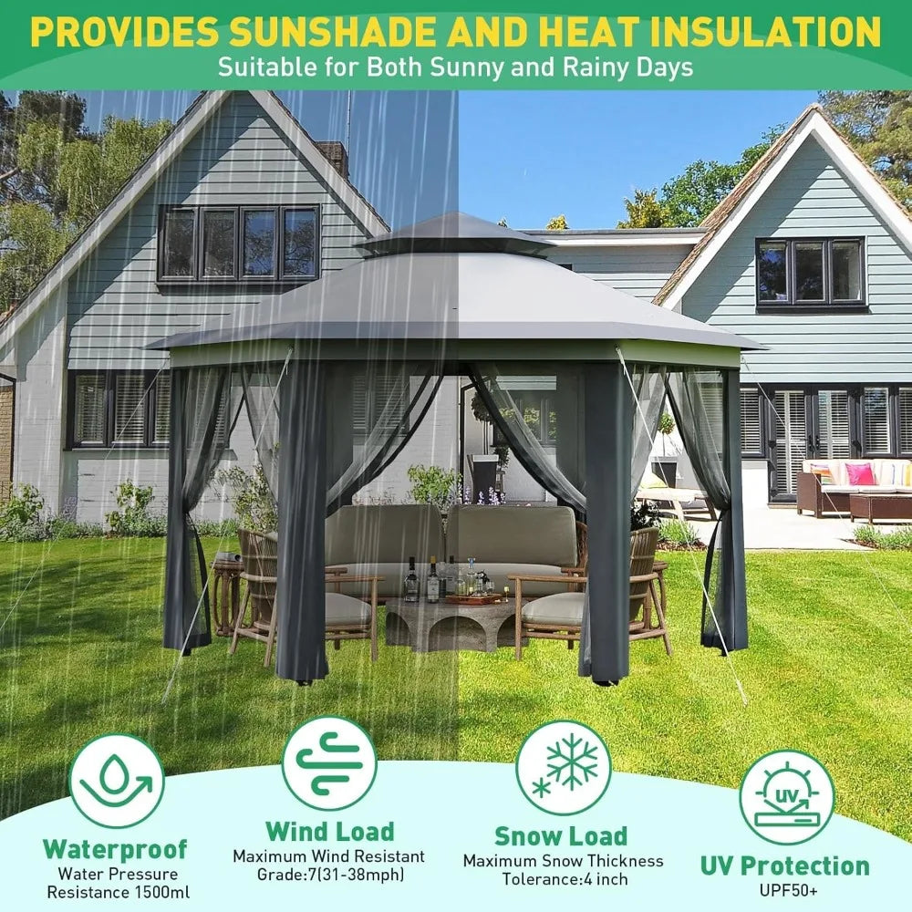Alloy Steel Pop Up Gazebo With Mosquito Netting Vent Roof