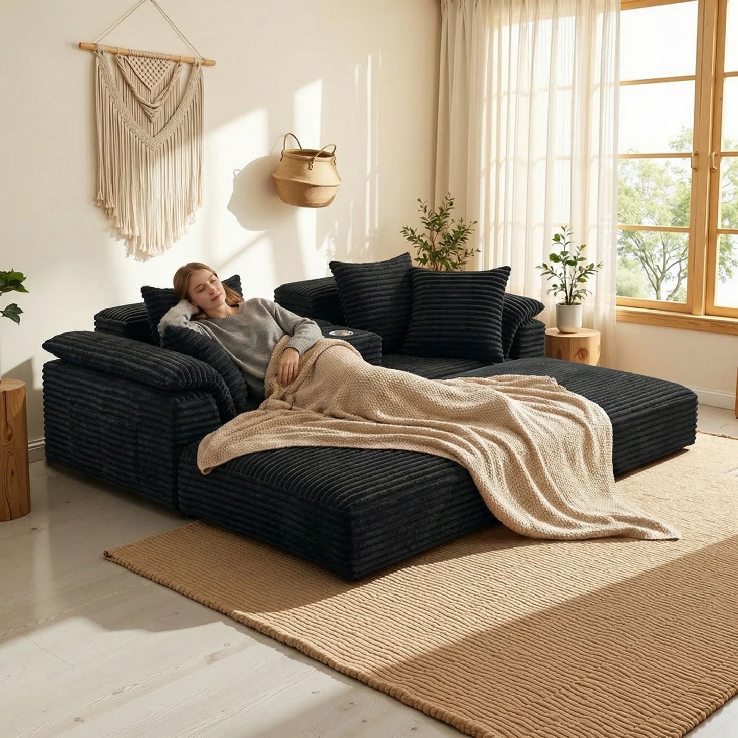Oversized Black Striped Corduroy 3-Seater Sofa with Middle Cup Holder, Flipable Design, Customizable DIY Modular Couch, Soft Fluffy Plush Fabric Sofa, Wide Armrest Minimalist Leisure Furniture for Apartment, Bedroom & Living
