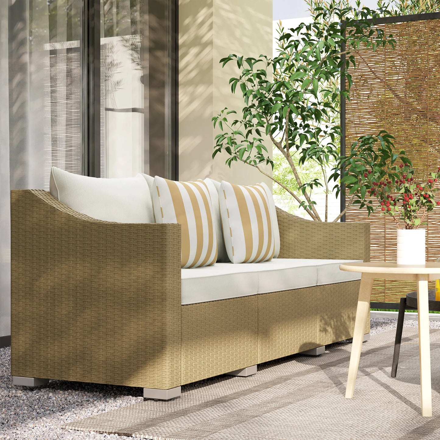 3 Seater Patio Wicker Sofa, Outdoor Furniture Rattan Couch with Cushions, Throw Pillows, for Garden, Backyard, Porch, Cream White