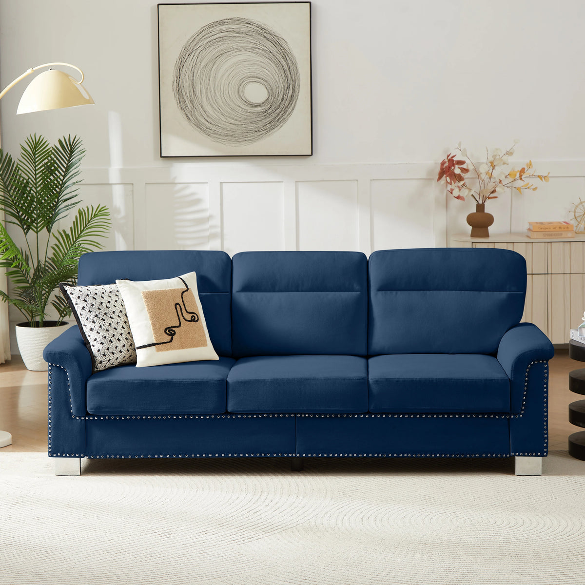 Modern Three Seater Sofa With Nailhead Trim And Metal Legs