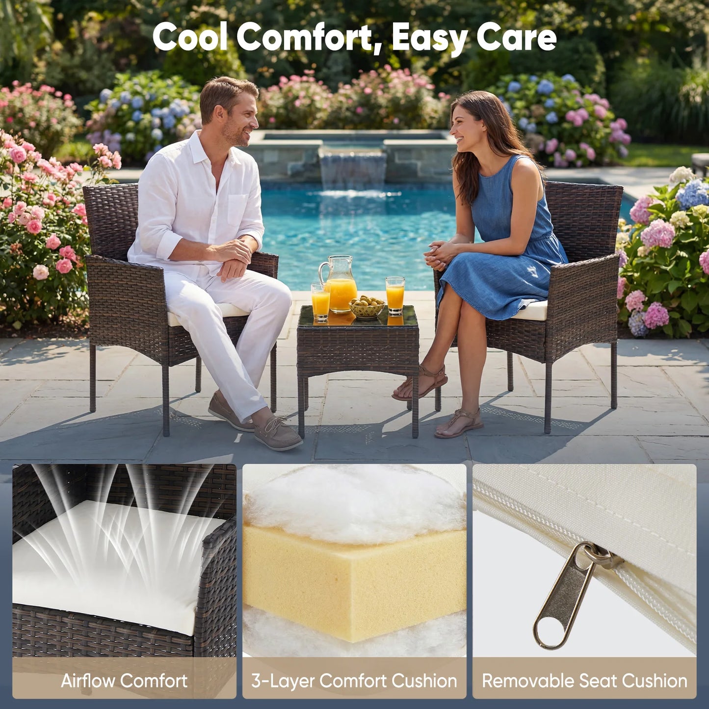 JHK Large Size 3 Pieces Outdoor Patio Furniture Set All-Weather Wicker Bistro Set with Removable Cushions and Glass Table Garden